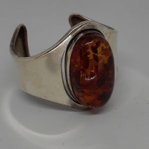 Stunning Silver Cuff Bracelet w/ Large Amber Stone
